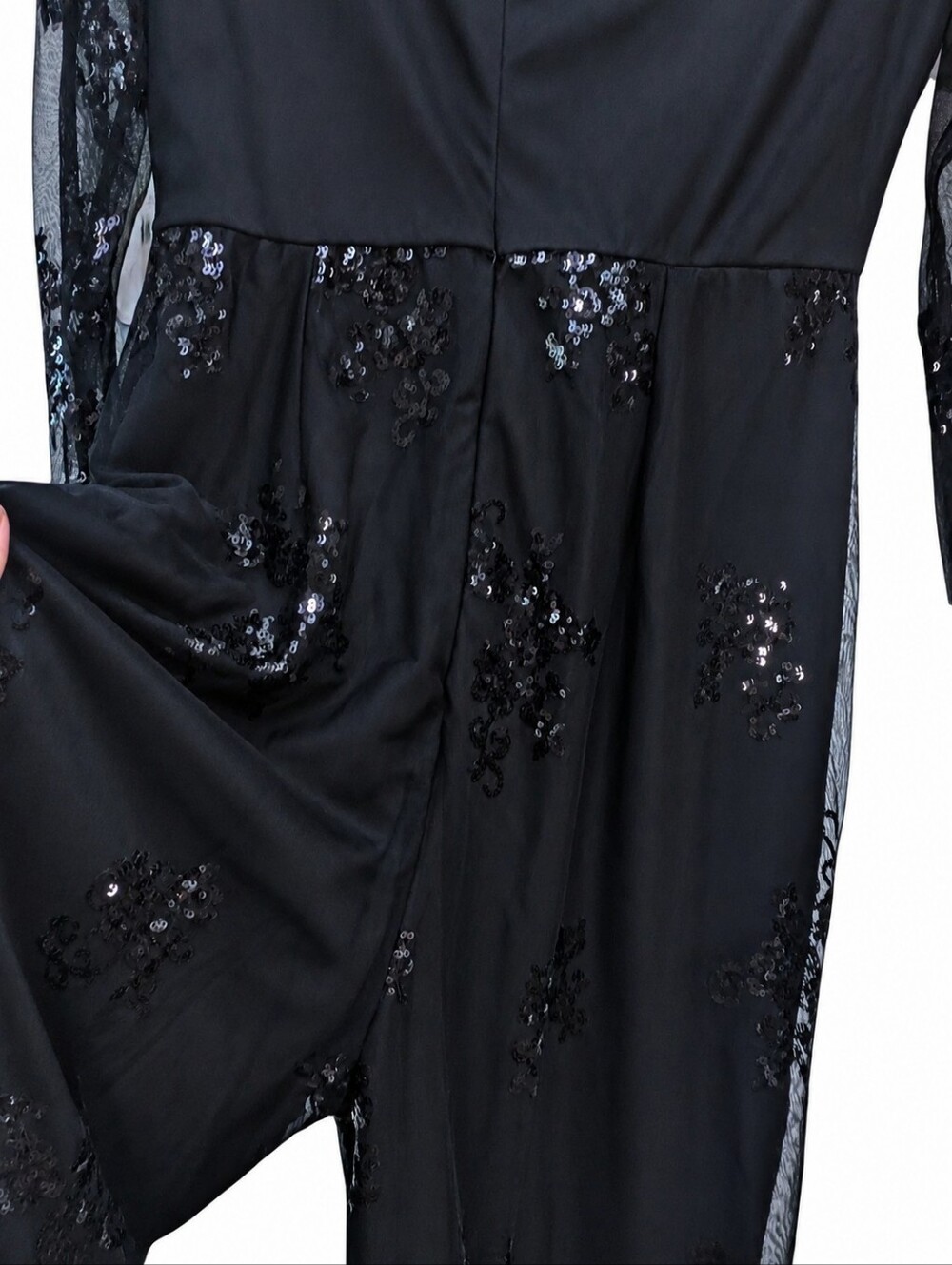 Altar'd State Black Sequin Lace Formal Flare Wide Legged Flowy Jumpsuit NWT - Picture 10 of 12